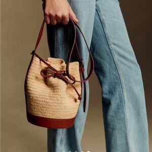 Sézane Mini Farrow Raphia Bag Bucket Leather Strap Natural Beige Woven Sezane